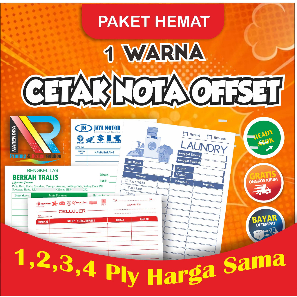 

NOTA CUSTOM | 1,2,3 & 4 ply harga sama | Offset | 1 Warna | Gratis Garis Cacah & Desain | Bisa Bernomor | Murah | percetakan narendra