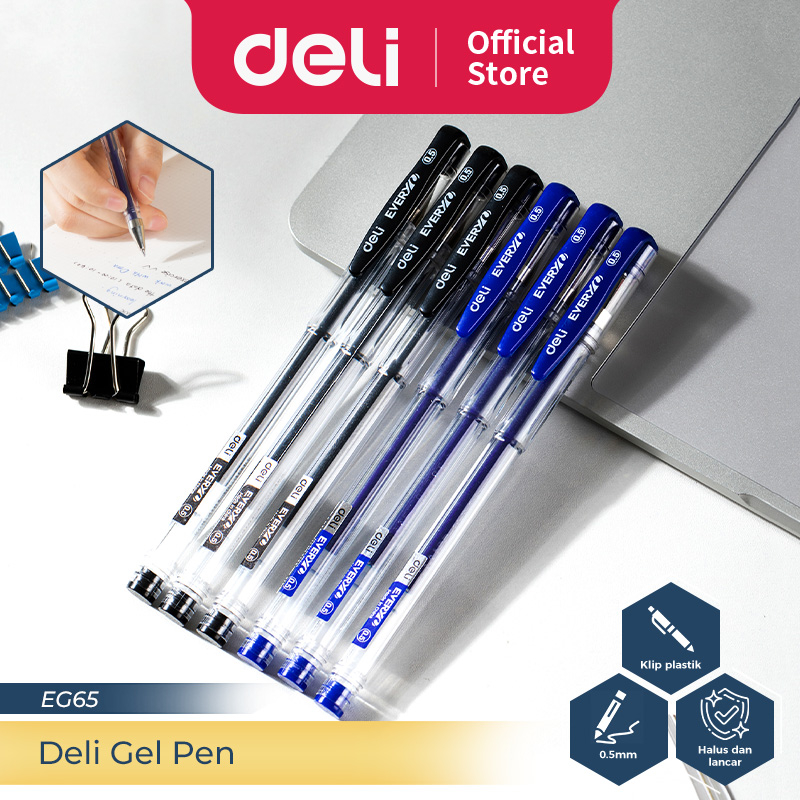 

Deli Pulpen Gel / Gel Pen 0.5 mm Isi 12 pcs Tinta Hitam/Biru Nyaman Digenggam EG65-12PCS