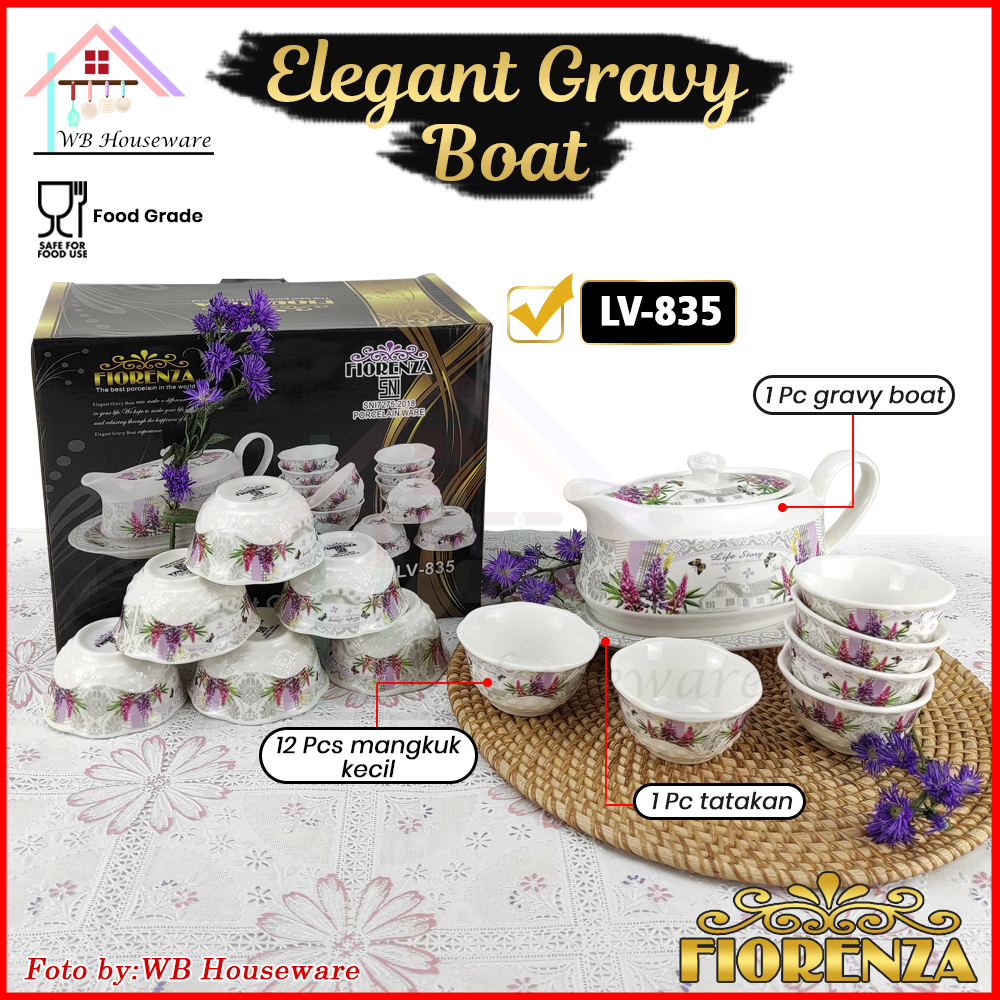 FIORENZA elegant gravy boat set ceramic  motif lavender LV-835 / wadah cuko pempek sambal