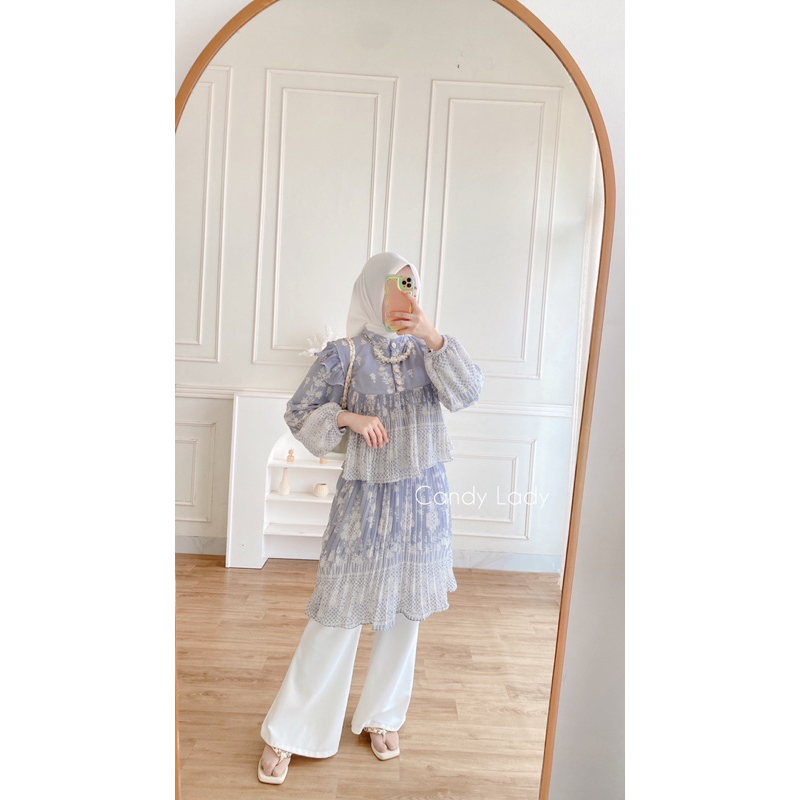CANDY LADY Alda Ruffle Tunik Ceruty Motif Wanita Muslim Terbaru