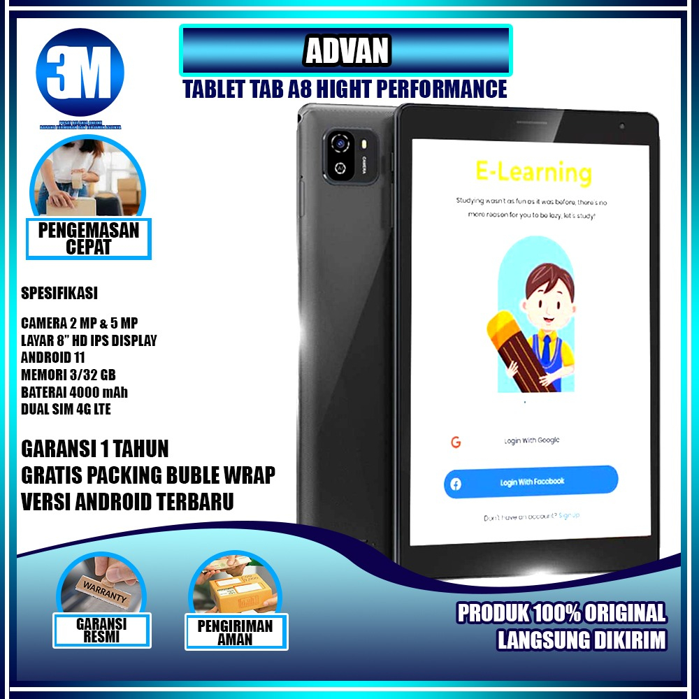 Advan Tab A8 3/32GB 2022 Garansi Resmi 12 Bulan Bonus Kuota 17 GB Per Bulan | Tab Advan A8 Ram 3/32g