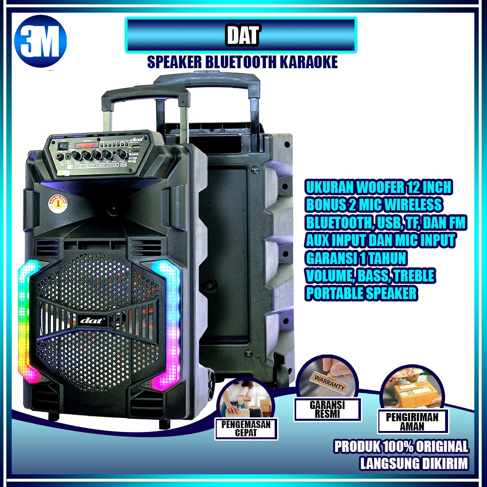 Speaker Bluetooth Bass | Speaker Karaoke Meeting | Speaker Portable 12 inch DAT DT 1220 Free 2 Mic W