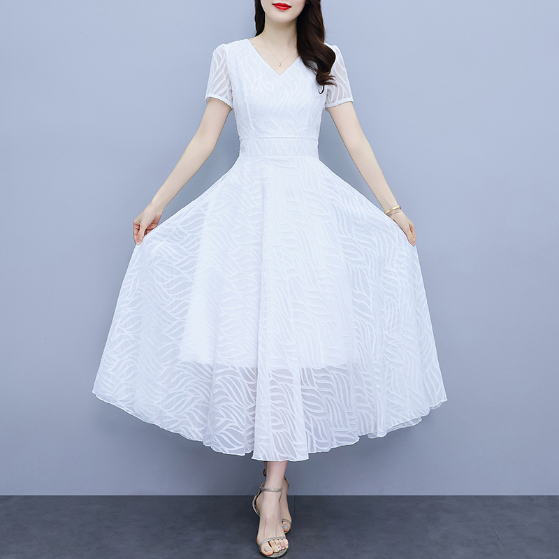 2023 Gaun Putih Korea Baru/Pendek -Sleeved V -Neck Chiffon Long Rok/korean style dress/dress kondang