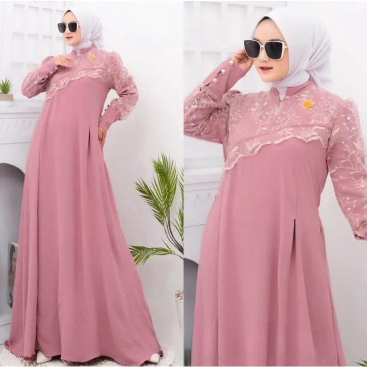 Meisya Dress Gamis Muslim Wanita Modern Kekinian Matt Cringkle Airflow Mix Brukat OOTD Dress Maxi Casual Daily Polos Basic Fashion Terlaris