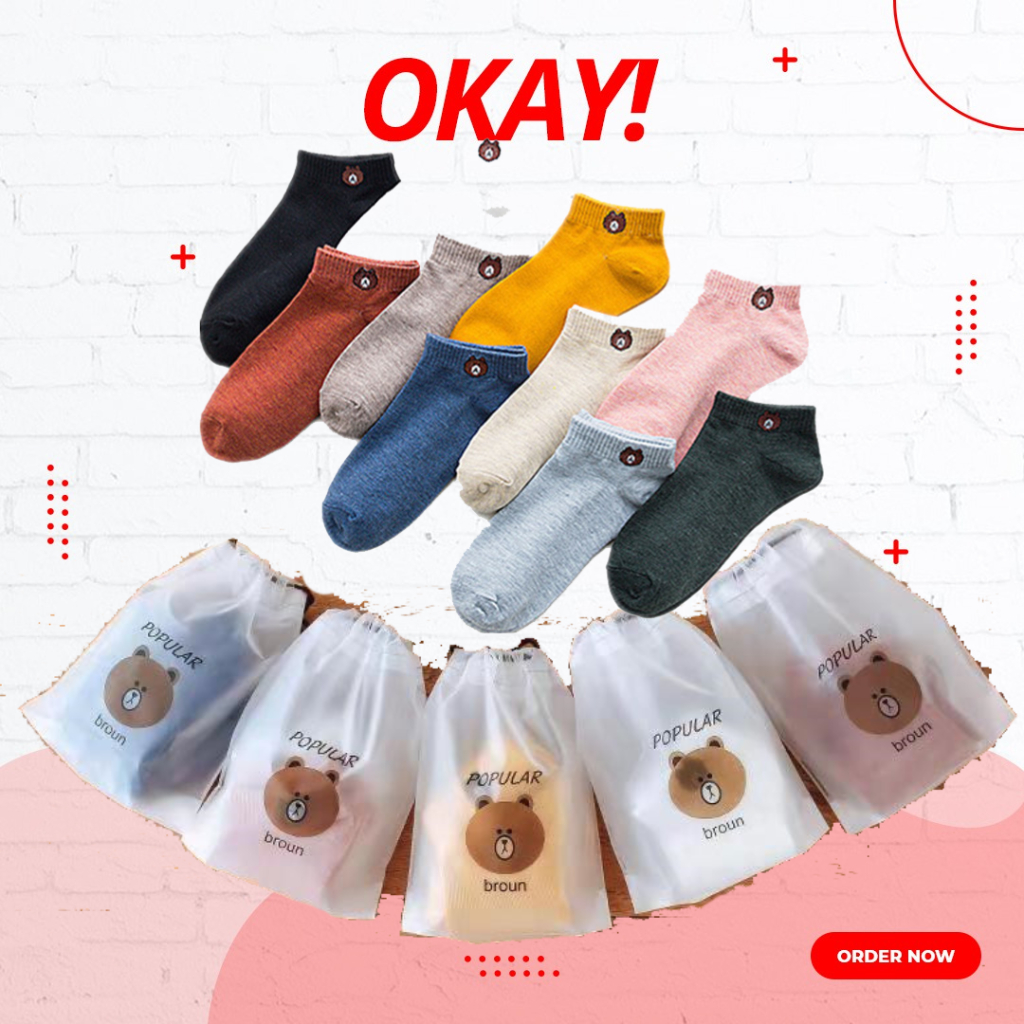 OKAY Kaos Kaki Pendek Lucu Beruang Bear Isi 10 Pasang Free Pouch 10 Warna Yang Berbeda