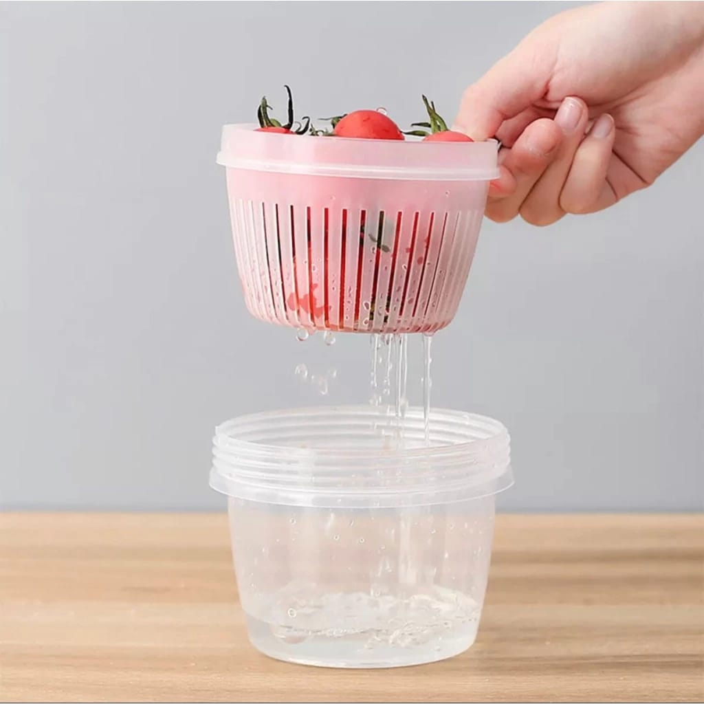 Toples Bulat / Kotak Kontainer /  Box Plastik Kulkas Dengan Tirisan Saringan Bawang Sayur Transparan