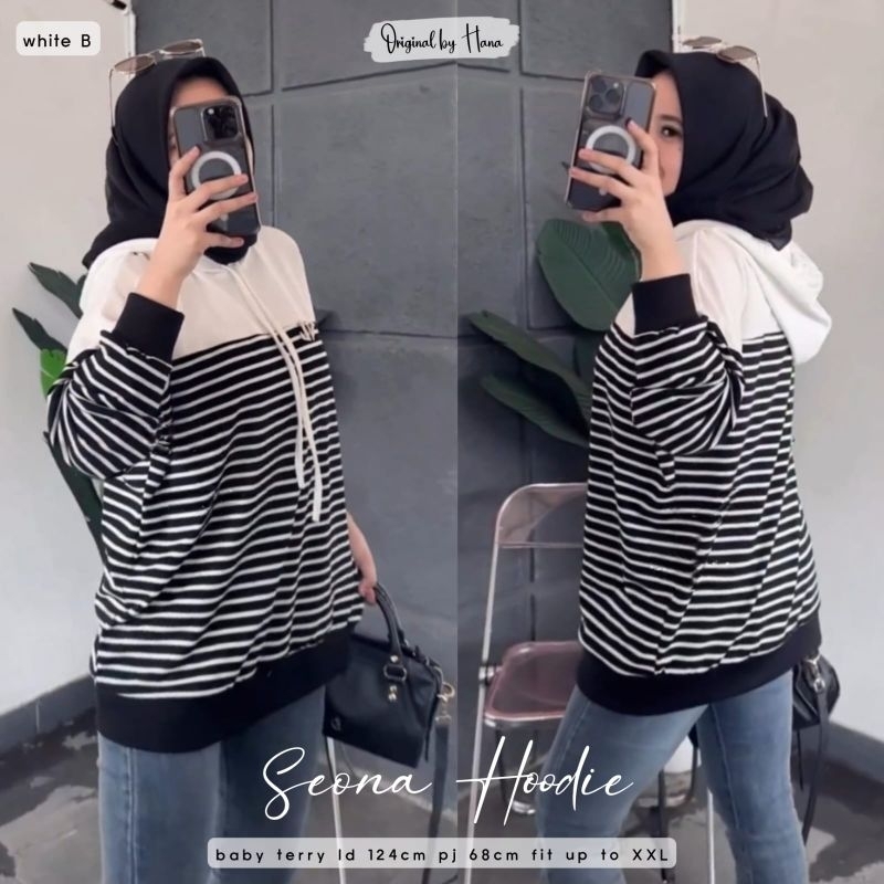 seona kaos hoodie ori hana kaos panjang wanita kaos garis garis wanita jaket stripe oversize jaket g