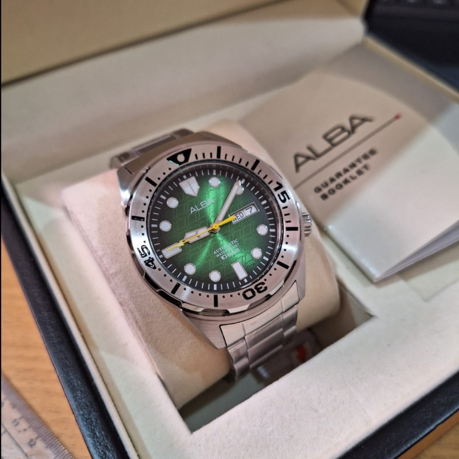 JAM TANGAN PRIA ALBA AL4443X1 AL4443 AUTOMATIC SILVER GREEN ORIGINAL