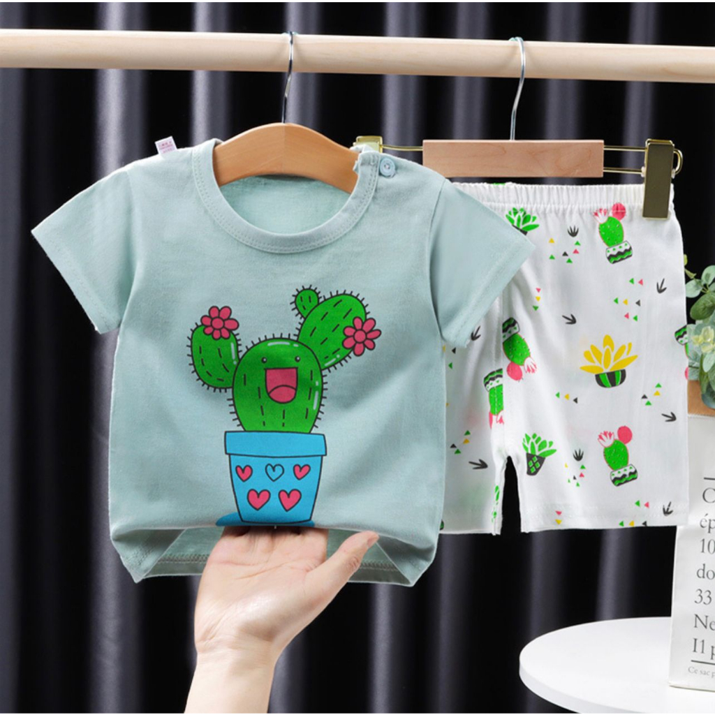ma&be-Kaktus set Setelan baju bayi dan anakunisex 0-6 tahun lengan pendek import / Baju kaos setelan