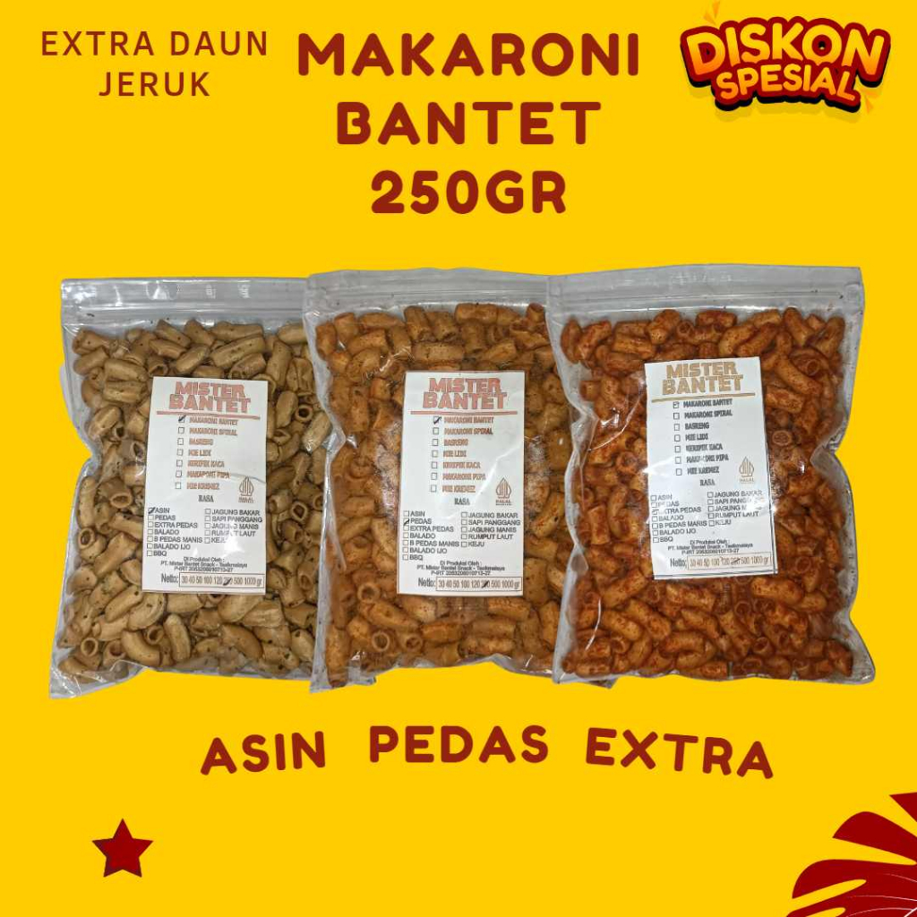 

Makaroni Bantet 250gr Pedas Gurih Daun Jeruk - New 5 Varian Rasa Snackpro Misterbantet