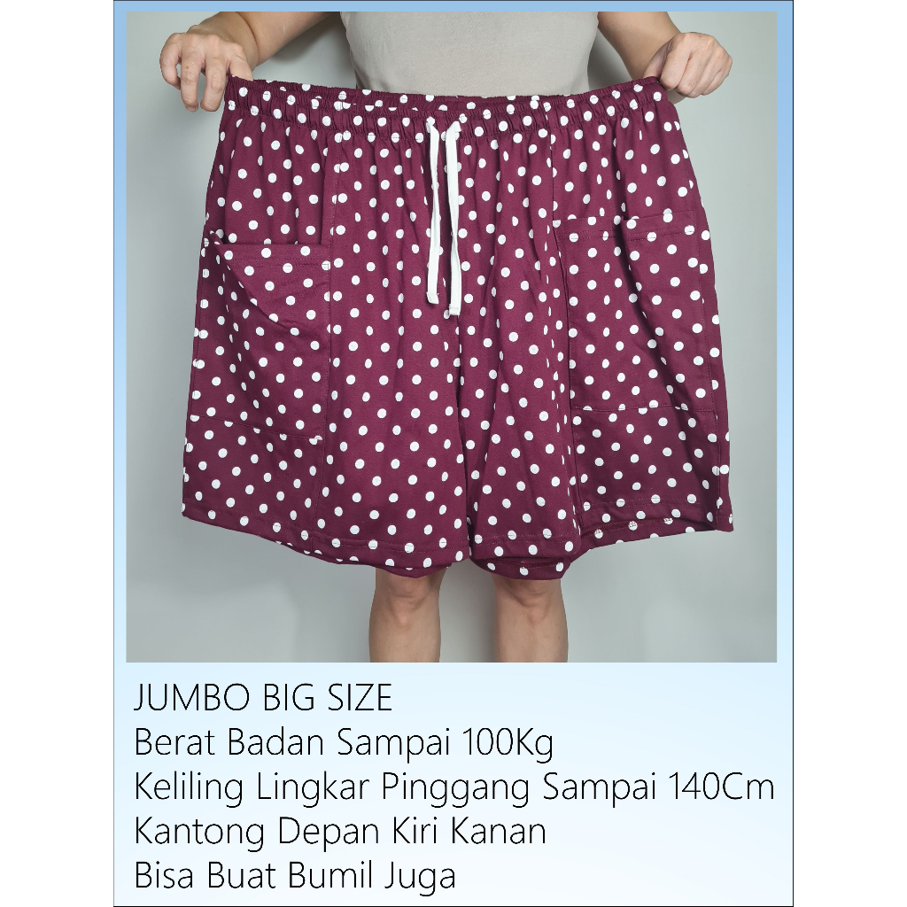 CELANA SELUTUT WANITA JUMBO BIG SIZE KATUN KAOS PREMIUM DUA SAKU DEPAN BURGUNDY POLKADOT