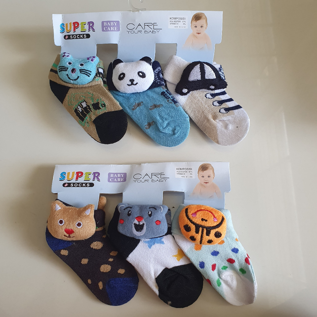 Kaos Kaki Bayi Lucu Murah Motif Boneka Samping Karakter 1 set isi 3 pcs