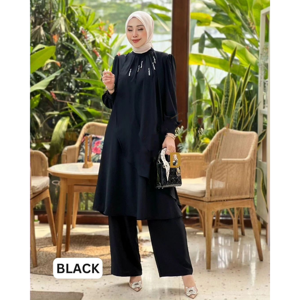 Dafiya Set One Set Muslim Terbaru 2023 Atasan + Celana Baju Setelan Wanita Bahan Crinkle Aksen Mutiara Payet GOM