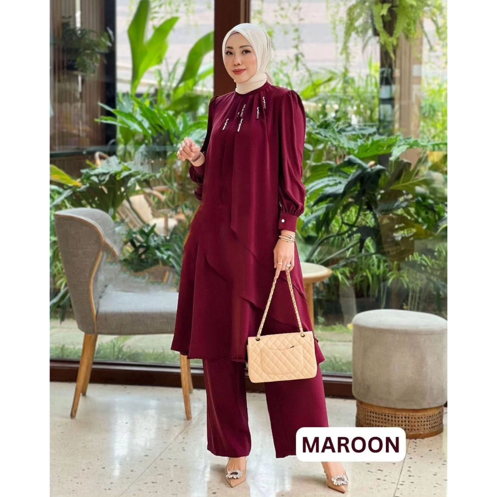 Dafiya Set One Set Muslim Terbaru 2023 Atasan + Celana Baju Setelan Wanita Bahan Crinkle Aksen Mutiara Payet GOM