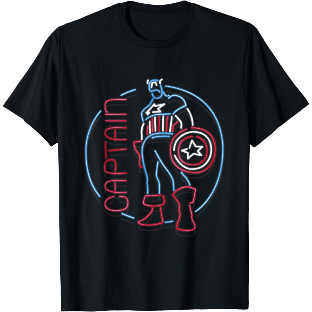 Baju Kaos Dewasa Marvel Avengers Vintage Captain America Neon Comic Outline T-Shirt Pakaian Fashion 
