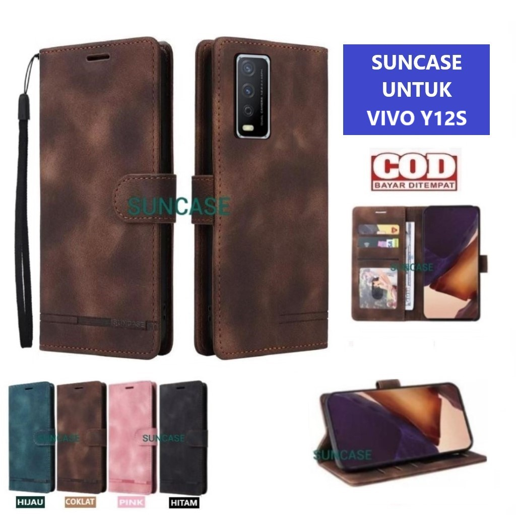 Casing VIVO Y12S model flip buka tutup case kulit ada tempat foto dan kartu juga tali hp flip cover