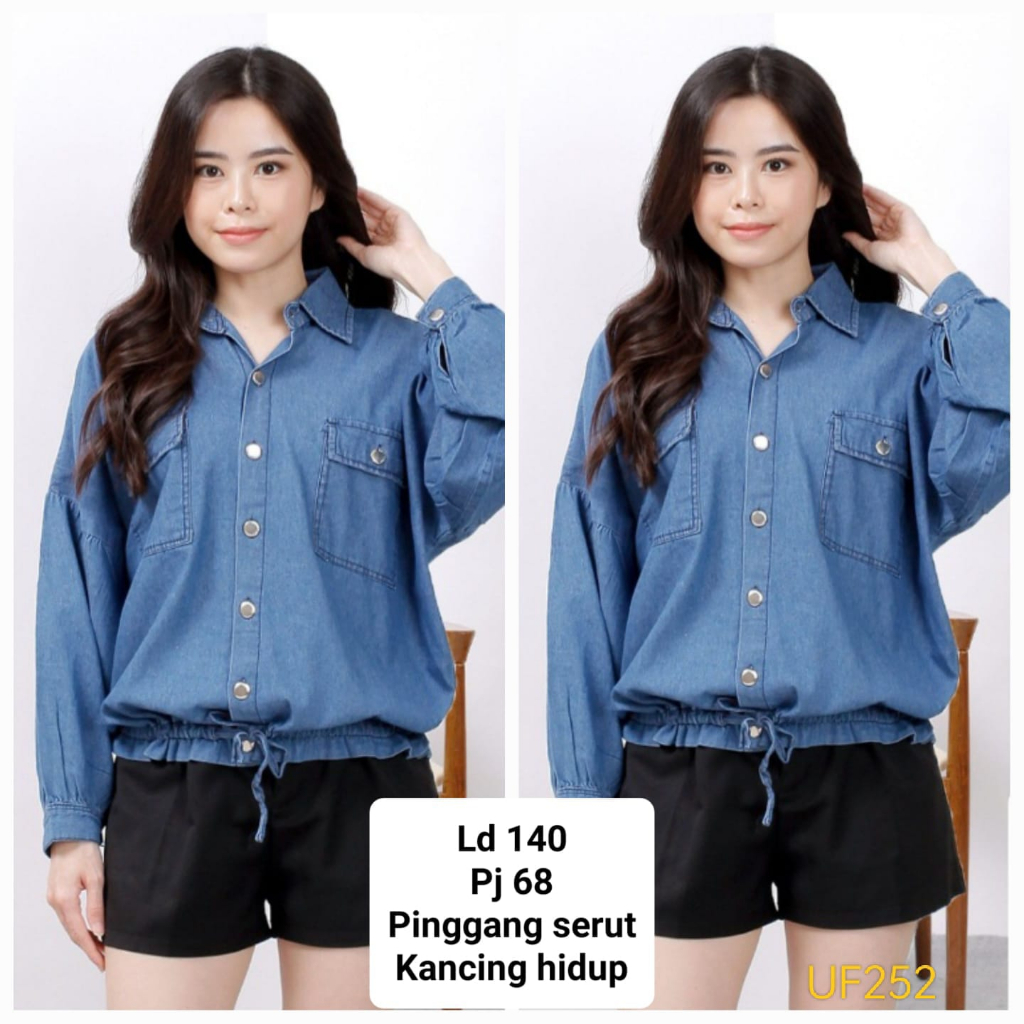 UH252 Kemeja Wanita Jeans Denim Jumbo Polos LD140 Lengan Panjang Pinggang Serut
