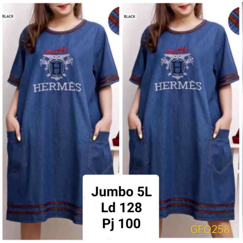 GFO258 Dress Wanita Jeans Denim Jumbo 5L LD128 pJ100 Saku Bordir