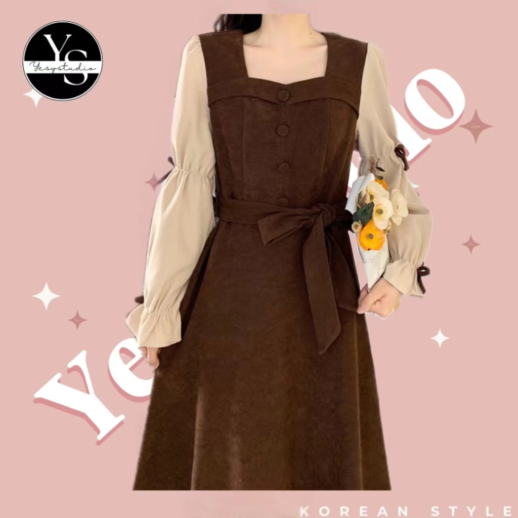 【HIJAB FRIENDLY】DRESS NILON LENGAN PANJANG PITA  KOREA STYLE COKLAT RETRO VINTAGE