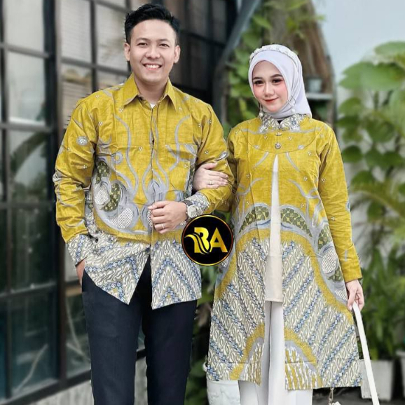 Baju Batik Lemon Tunik Kemeja Couple Sarimbit Lengan Panjang Motif Seno Kuning Katun M-XXXL Jumbo