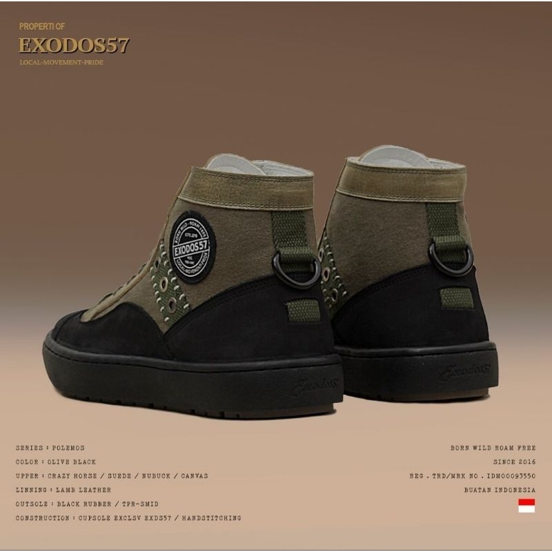 EXODOS57 POLEMOS OLIVE BLACK | SEPATU KULIT ASLI | ORIGINAL EXODOS57