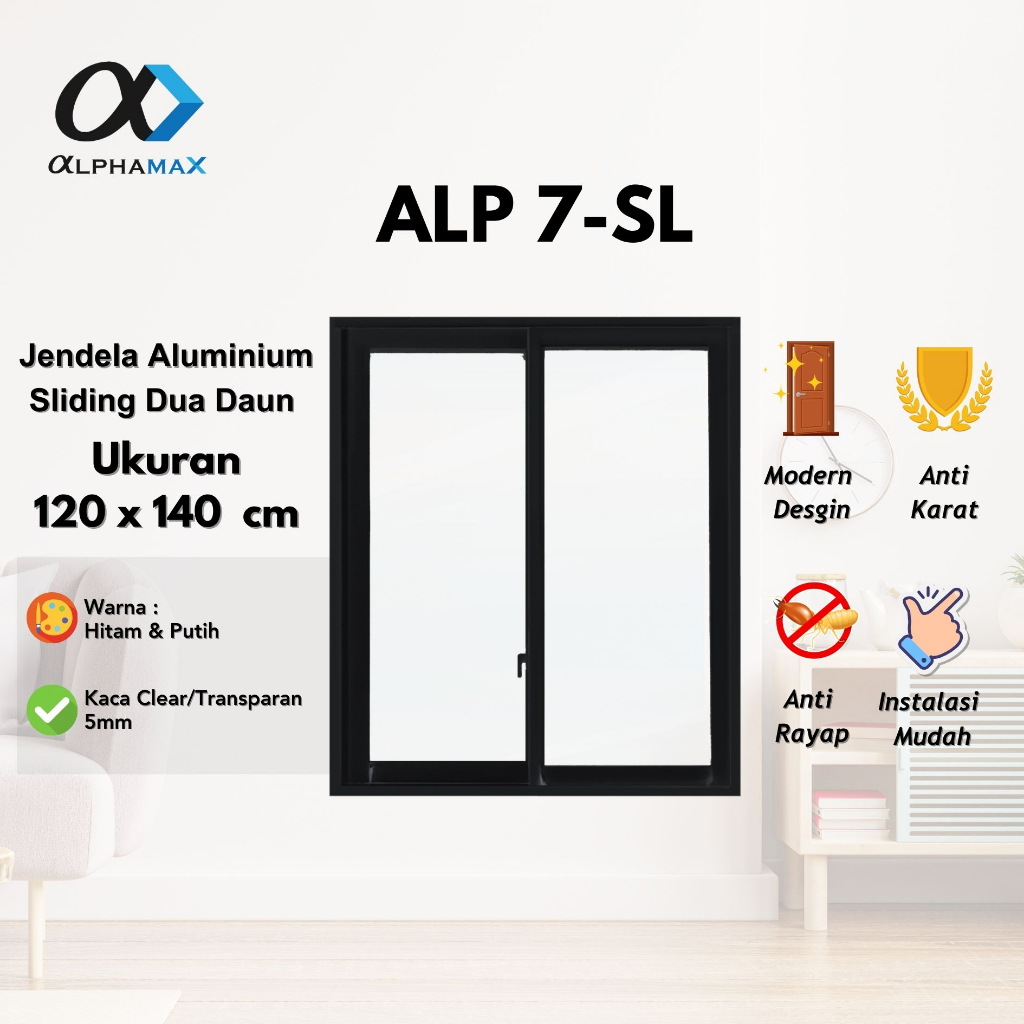 Jendela Aluminium Jendela Rumah Jendela Kamar Jendela Ruang Tamu Sliding Dua Daun ALPHAMAX ALP 7-SL 