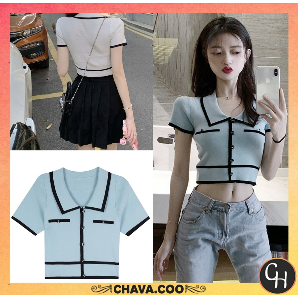 CHAVA | BJ1368 Baju Atasan Kaos Lengan Pendek Korean Collar Crop Top Atasan Kemeja Knit Fashion korean