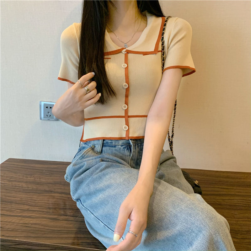 CHAVA | BJ1368 Baju Atasan Kaos Lengan Pendek Korean Collar Crop Top Atasan Kemeja Knit Fashion korean