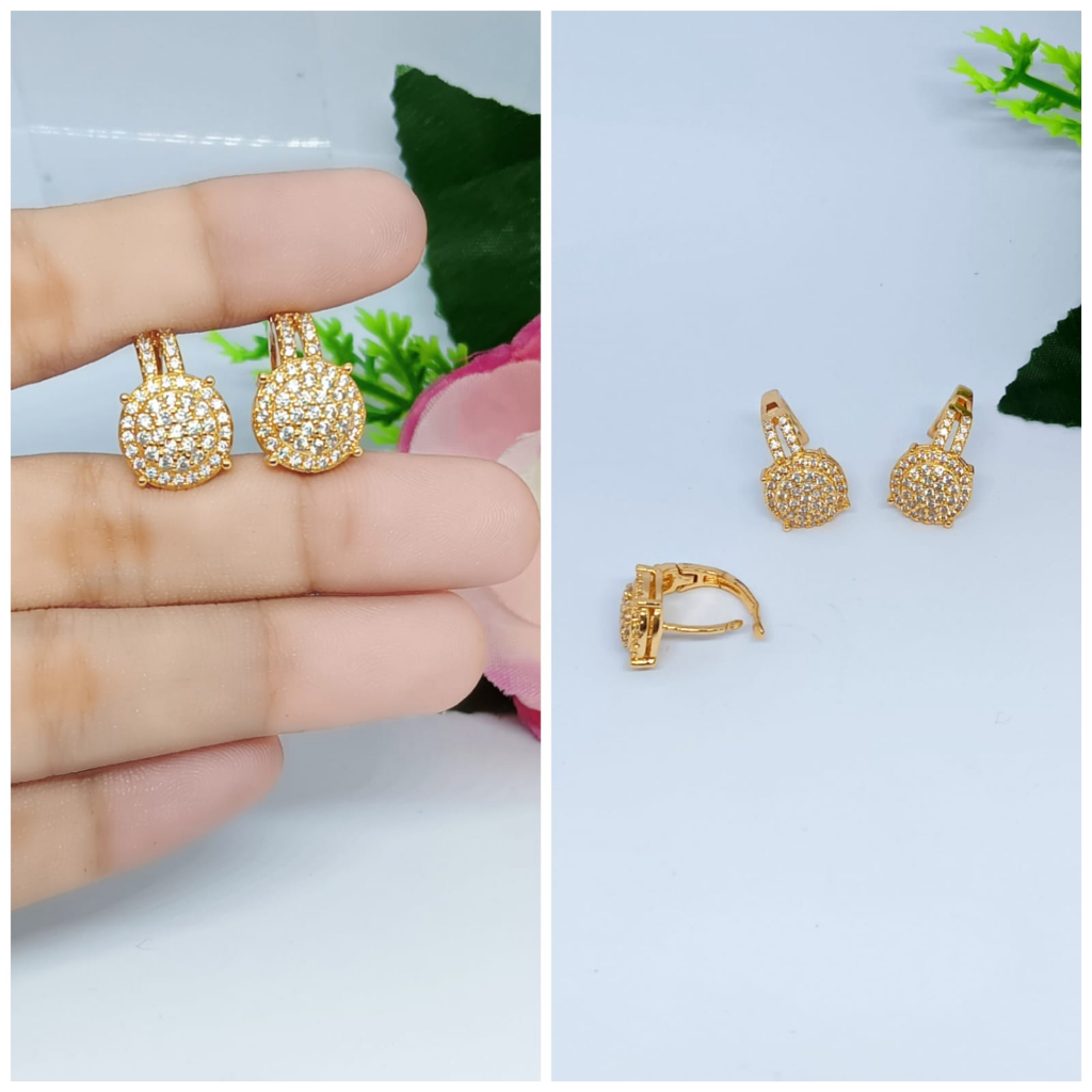 Anting titanium Full permata zircon jepit logam emas Hongkong,tidak Karat *COD*