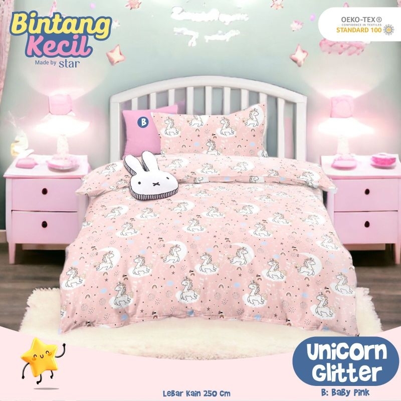 Katun Lokal Original Grade 1 kain Sprei meteran bahan Star Deluxe motif Unicorn Glitter Pink