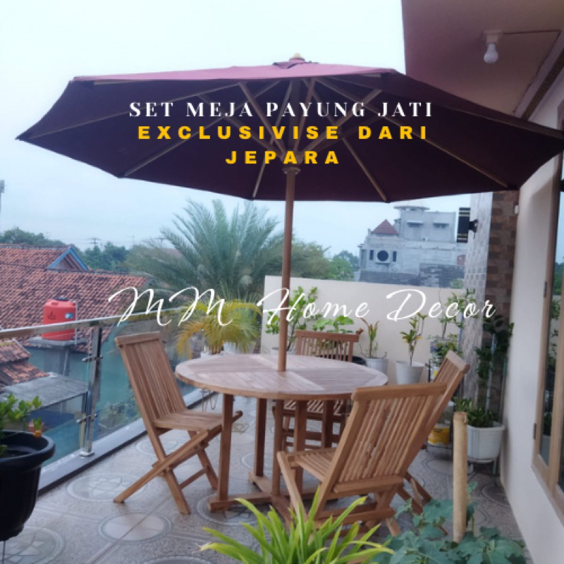 Meja payung set aesthetic Jati Jepara material kayu jati kombinasi kain kantata drill ketahanan 2th 