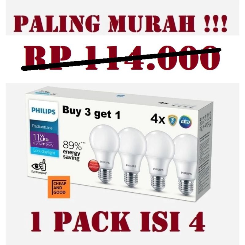 Lampu LED Phillips Philips 11W 11 Watt Paket Isi 4