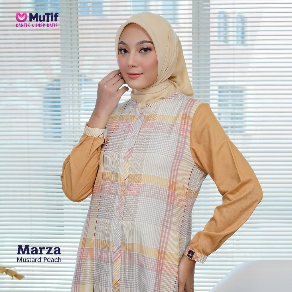 Mutif-Gamis Marza Mustard Yarndyed Linen Gamis Wanita Dewasa Motif Kotak Dress Remaja Muslimah Akhwa