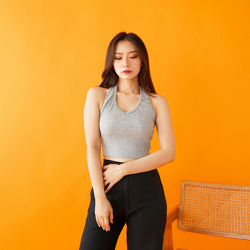OROY Halter Tanktop Basic Korean Crop Tank Top Halter Rib Knit Polos Wanita OR1340