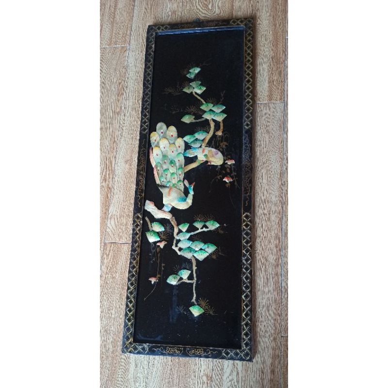 Pajangan Kuno Langka Lukisan Merak Oriental kimo sketsel  kulit kerang mutiara Tinggi : 92 cm