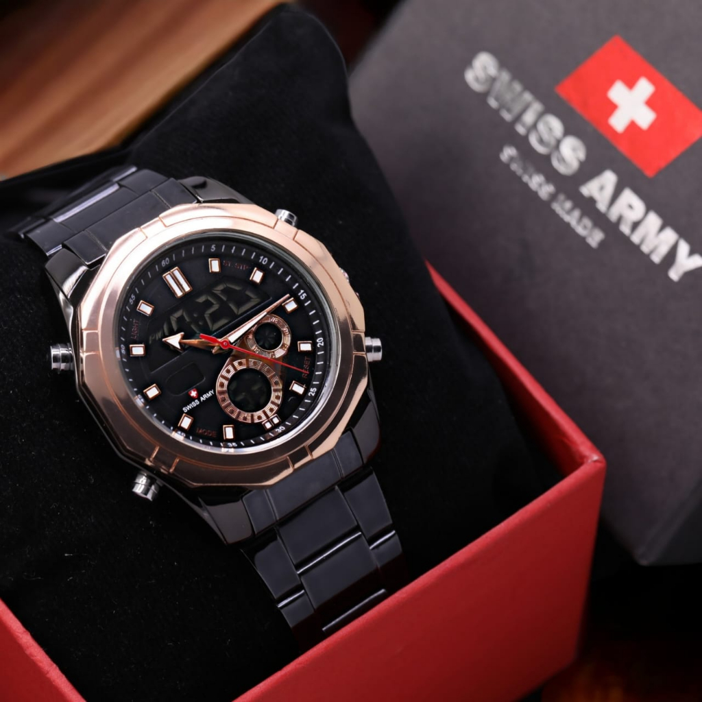 Promo Jam Tangan Pria Swiss Made 5585Ls Model Analog Digital Anti Air Rantai Stainless Steel