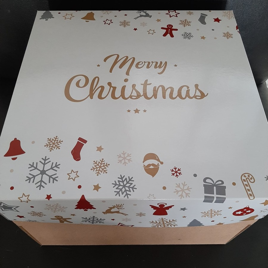 

box hadiah hampers natal dus kotak packaging kue tart cake edisi merry chritsmas ukuran 25 x 25 cm