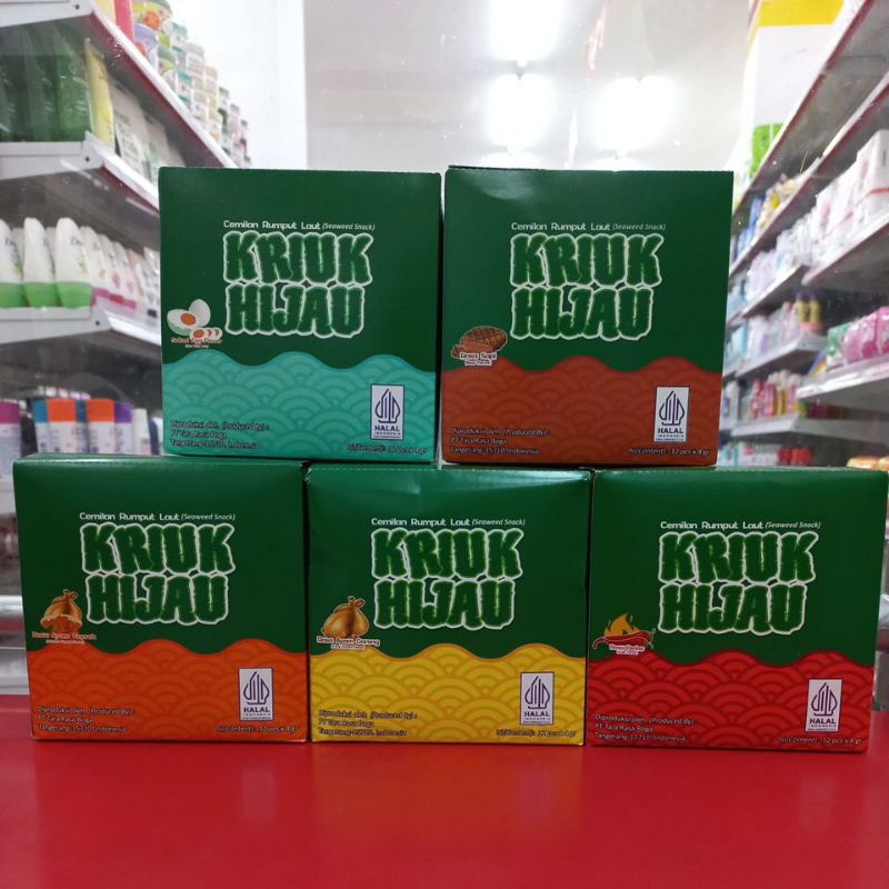

Kriuk hijau camilan rumput laut 48 gr, 1 pak isi 12 pcs@4gr, random request rasa di note