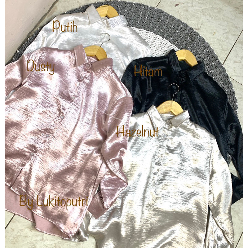 Kemeja Shimmer Satin Silk Premium Korean Style Kemeja Basic Wanita Shimmer Satin Silk