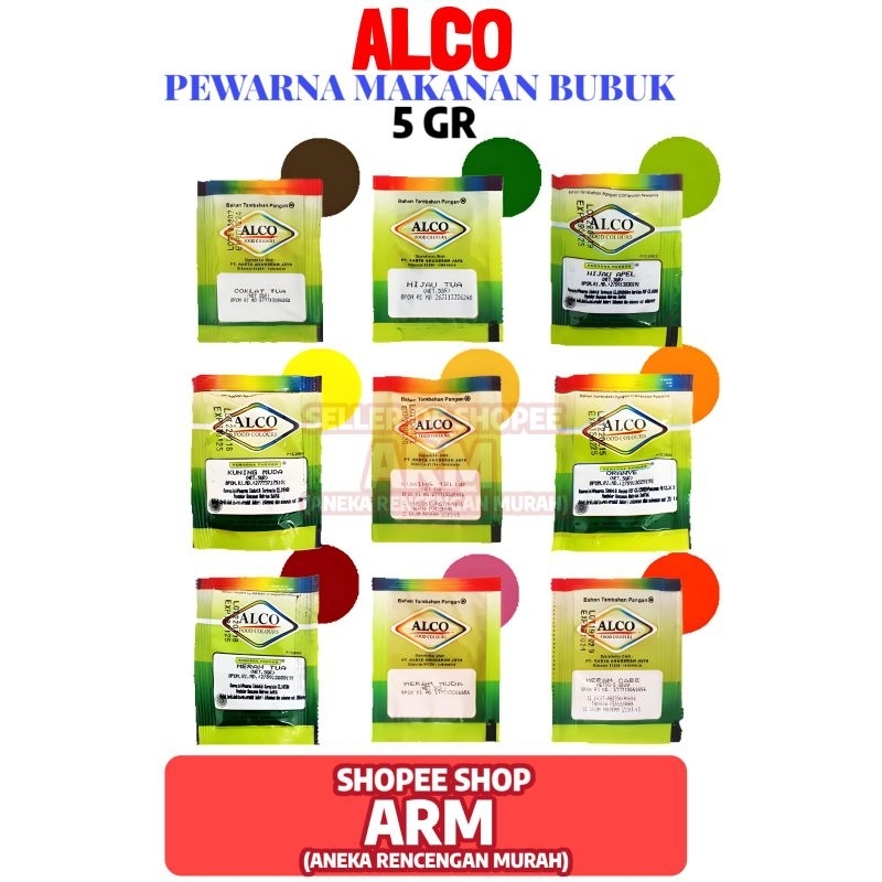 

Pewarna Makanan Minuman Dan Kue Bubuk Alco 5 Gr 1 Pack 10 Sachet