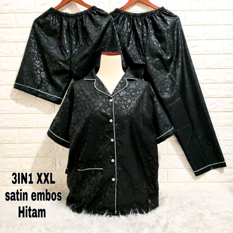 Baju tidur piyama 3in1 wanita satin embos XXL