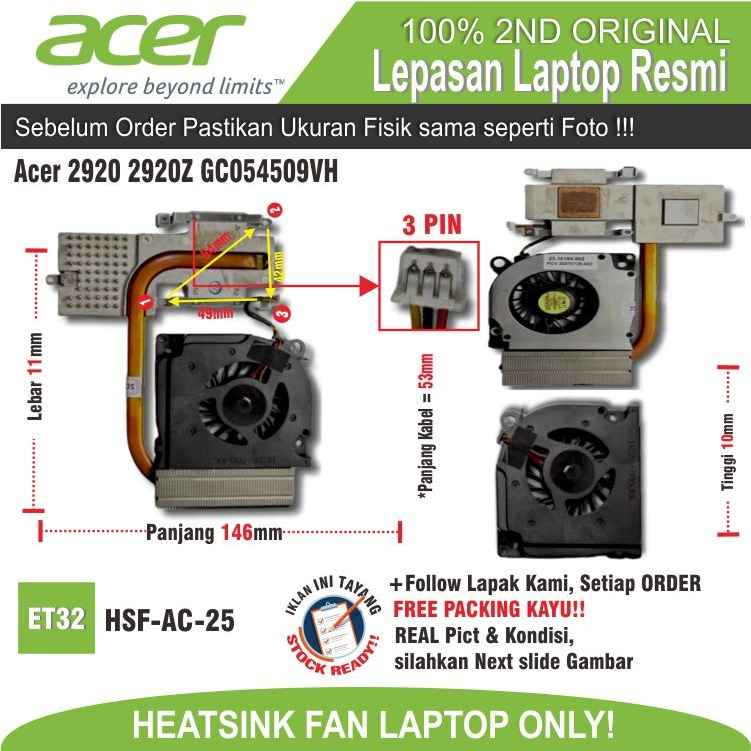 ET32 HSF-AC-24 Heatsink Besi Pendingin FAN Laptop Acer 4720 4330 4620Z