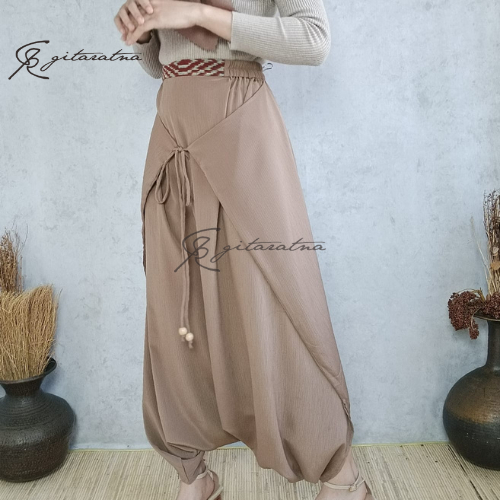 GITARATNA Basic Celana Lilit Wrap Pants Wanita Aksen Tenun Peanut
