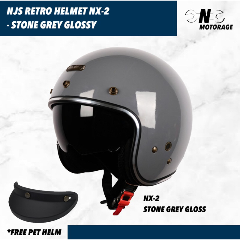 Helm Motor NJS NX-2 Half Face Retro - Stone Grey Glossy / Abu Gloss + Free Pet Helm