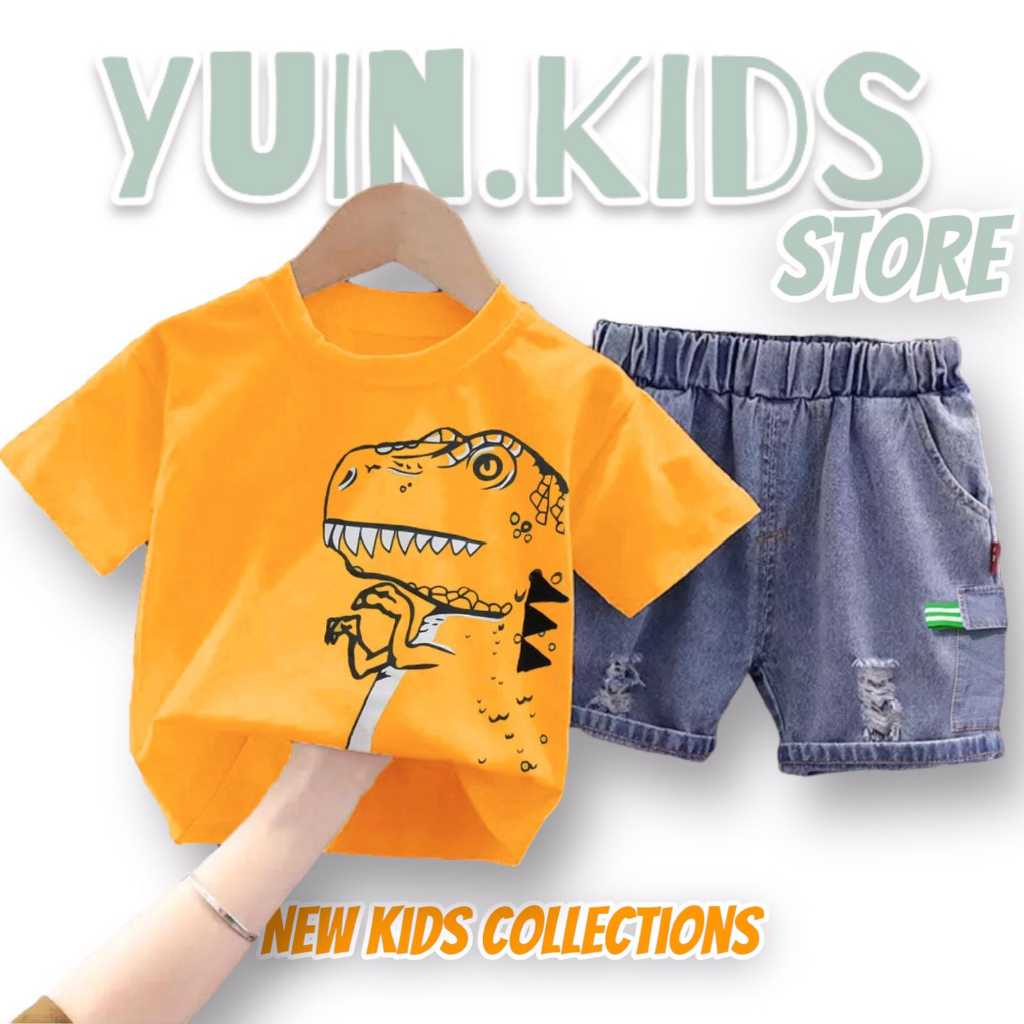 Moms Syafa -Setelan Kaos Denim Dino 1-5 Tahun Kaos Motif Dino Setelan Anak Kaos Denim Setelan Anak