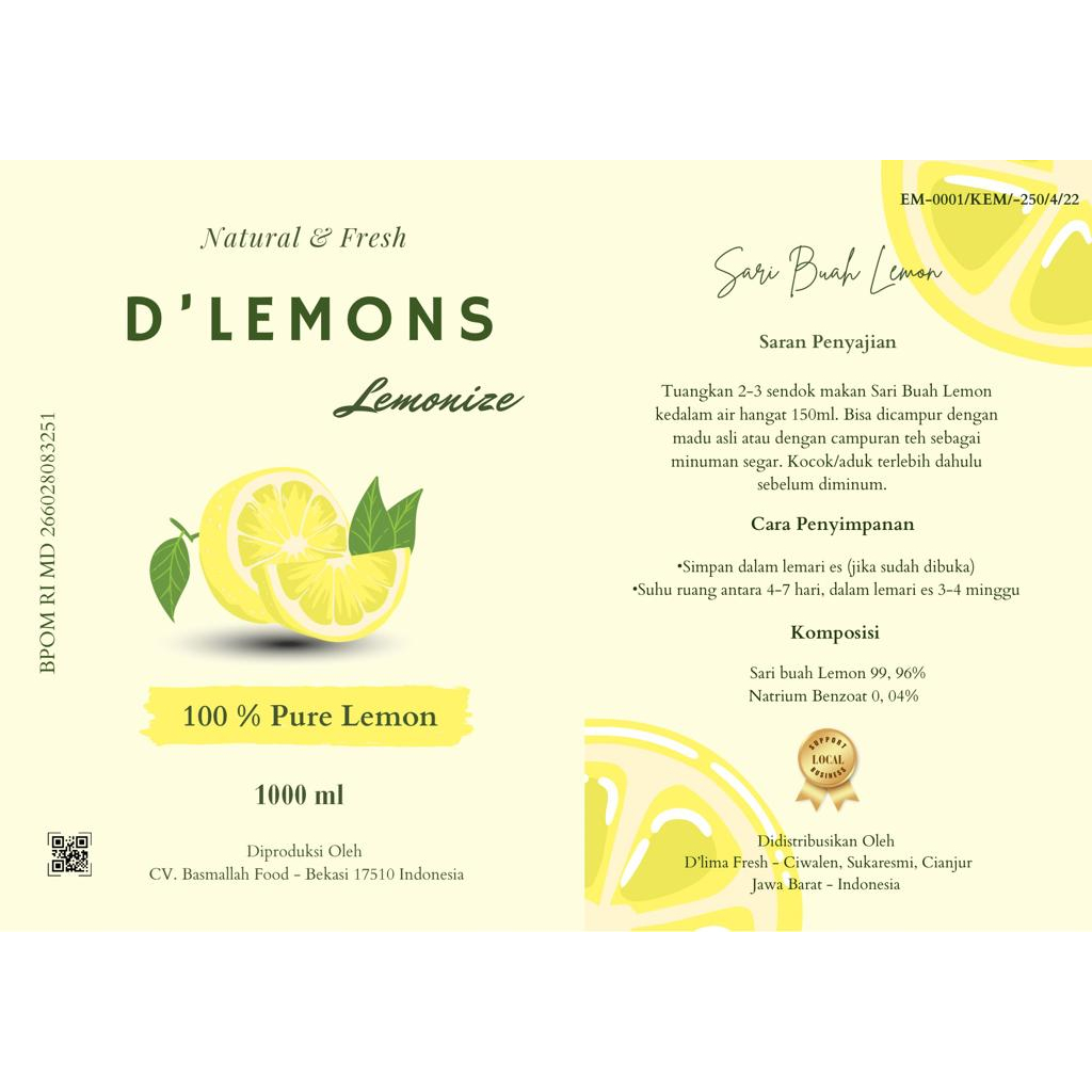 

D'Lemons Sari buah Lemon asli 1Liter