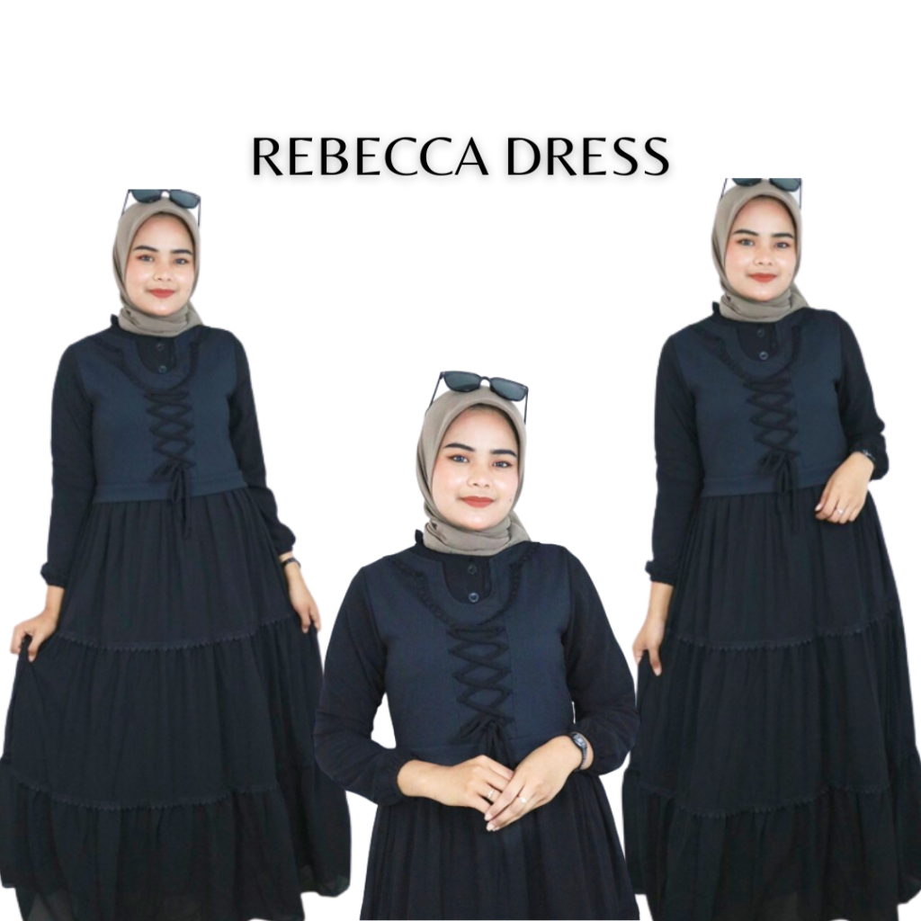 Gamis Wanita Terbaru REBECCA DRESS SN Bahan Ceruty Babydoll Mix Rib Knit Aplikasi Renda Size M L XL 