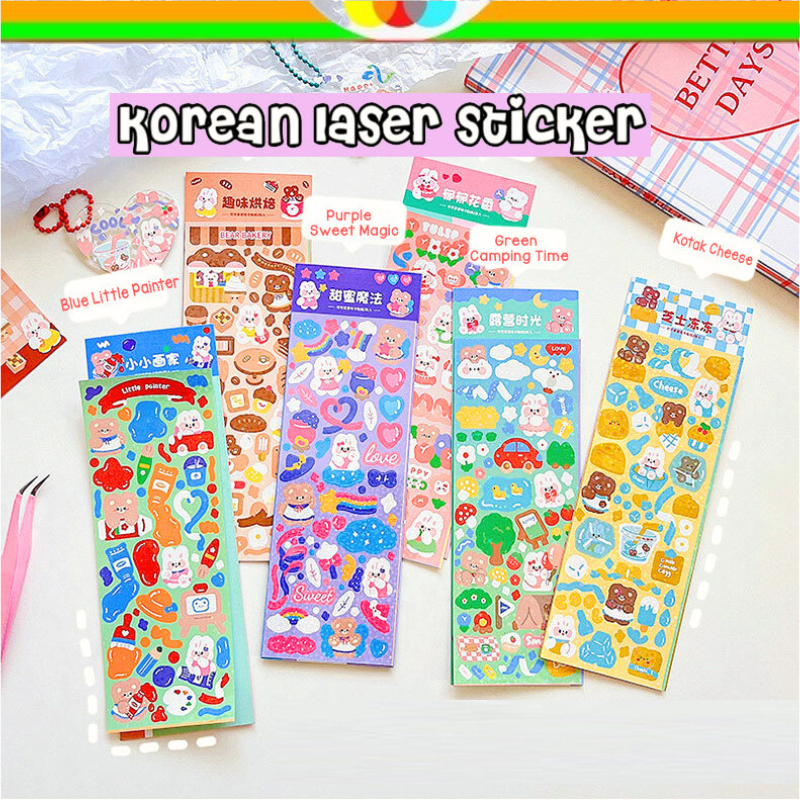 

ISI 2 LEMBAR KOREAN LASER STIKER GLITTER HOLOGRAM MOTIF RABBIT BEAR MOMO CUTE LUCU WATERPROOF SUDAH CUTTING