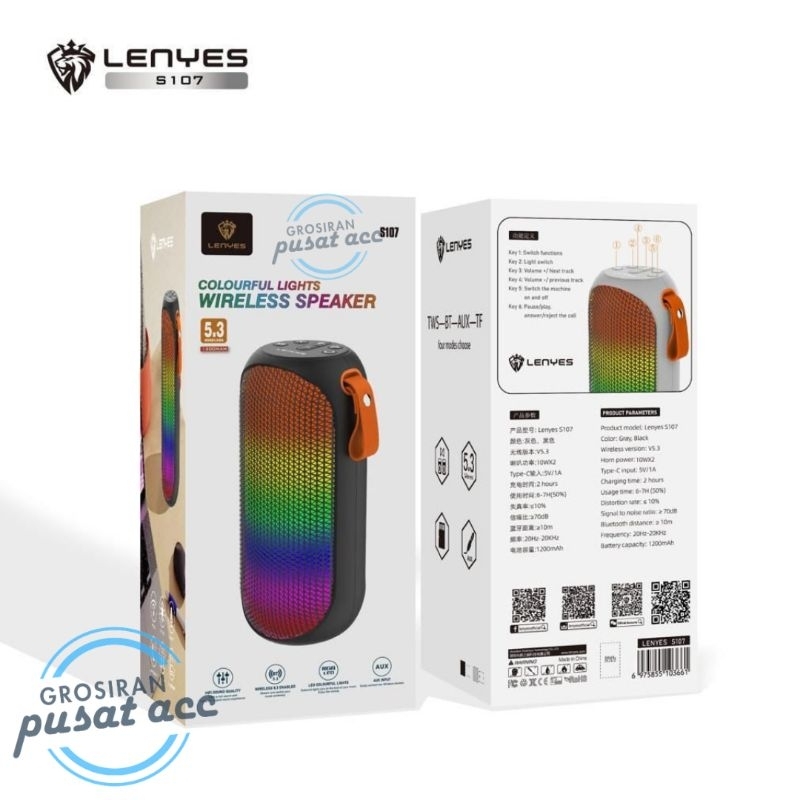 Speaker LENYES Original TWS TYPE S107 Colourful Lights Full Bass-Speaker Bluetooth Portable