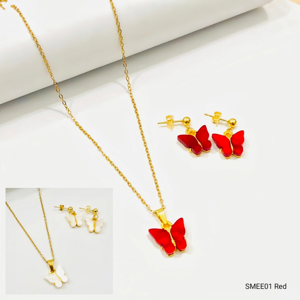 SMEE01- Set Perhiasan Kalung + anting kupu - kupu / butterfly titanium anti karat warna gold putih d